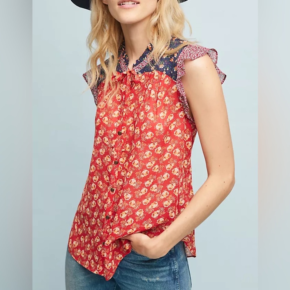 Anthropologie Meadow Rue Floral Blouse Multicolor Ruffle Sleeve Flutter size 0